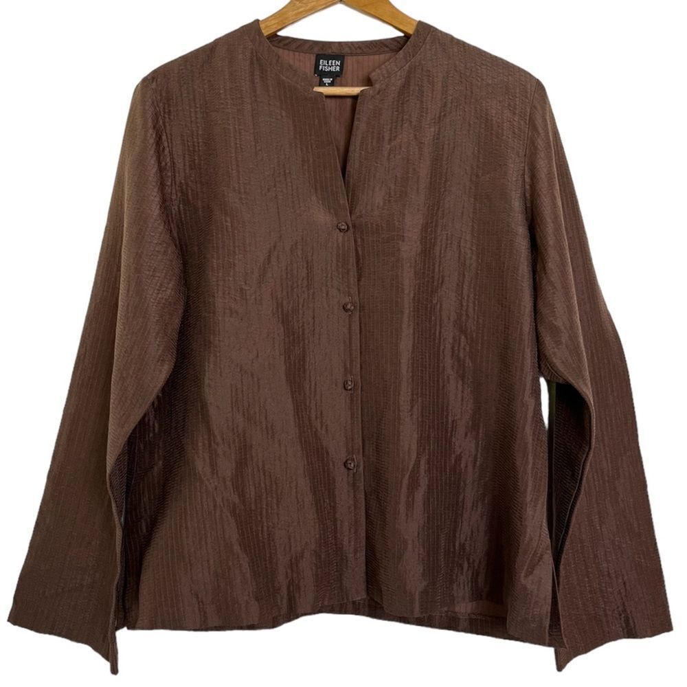 Eileen Fisher Jacket Large Lagenlook Silk Cotton Mandarin Collar Layer Top Brown